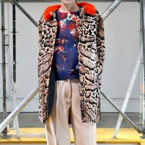 Leopard pony hair coat with orange fur collar